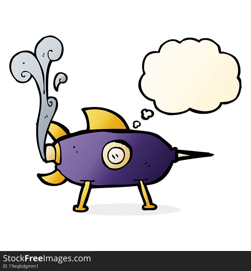 cartoon space rocket with thought bubble