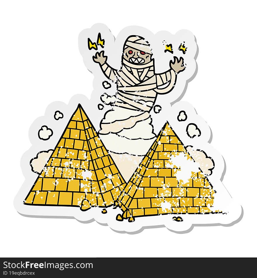 distressed sticker of a cartoon mummy and pyramids