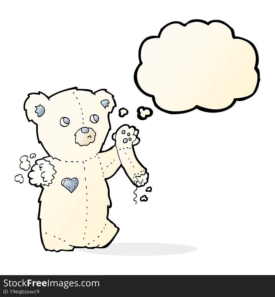 cartoon teddy polar bear with torn arm with thought bubble