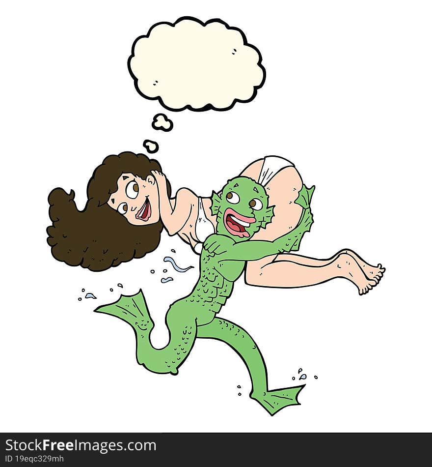 Cartoon Swamp Monster Carrying Girl In Bikini With Thought Bubble