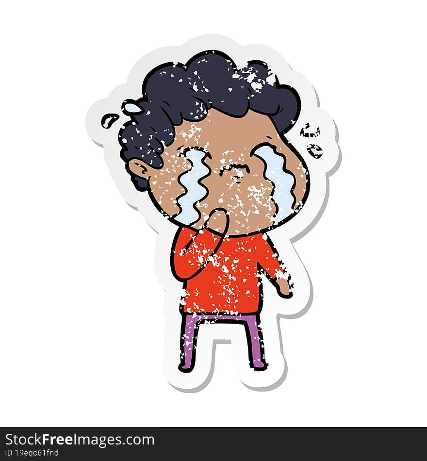 distressed sticker of a cartoon man crying