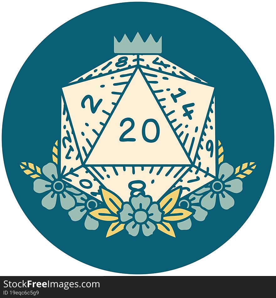 Natural 20 D20 Dice Roll With Floral Elements Illustration