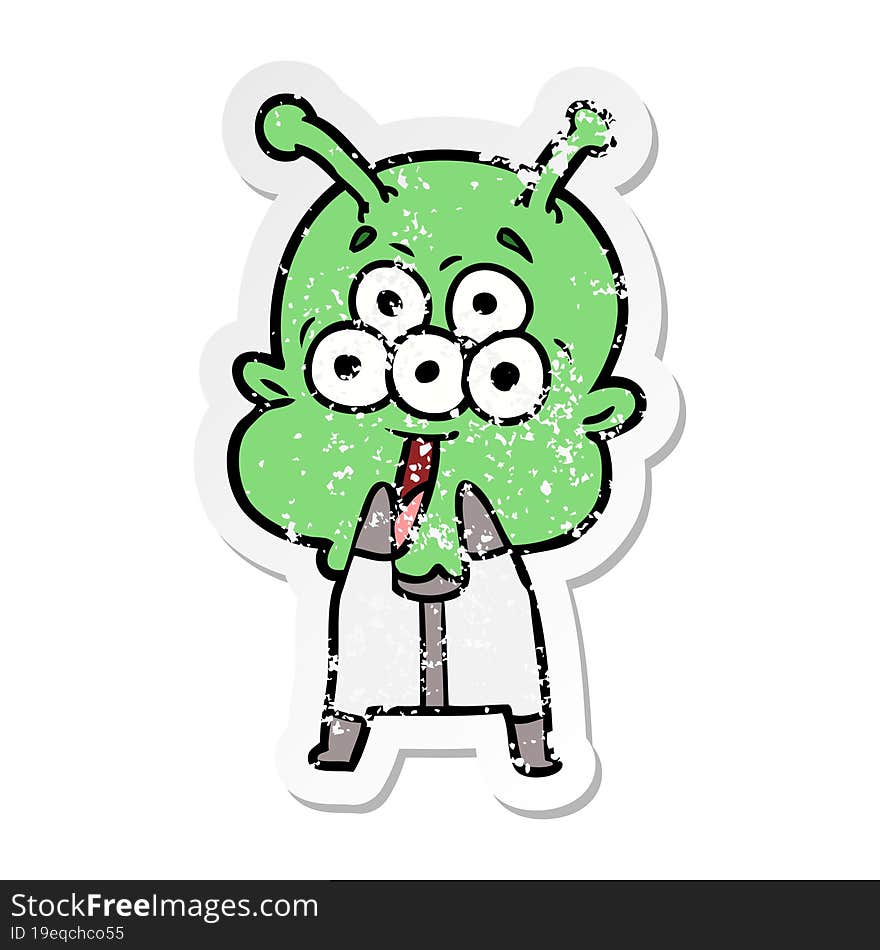 Distressed Sticker Of A Happy Cartoon Alien Gasping In Surprise