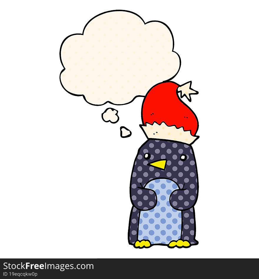 cute christmas penguin and thought bubble in comic book style