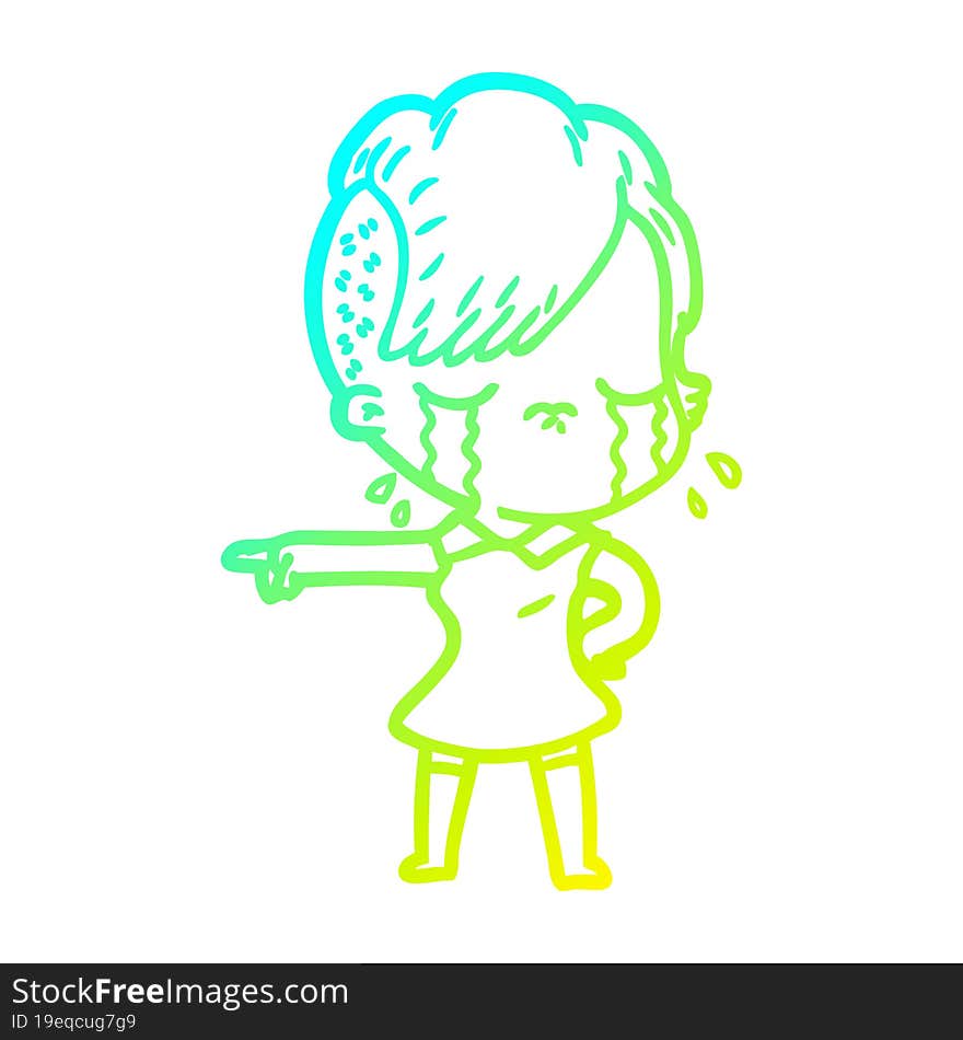 Cold Gradient Line Drawing Cartoon Crying Girl Pointing