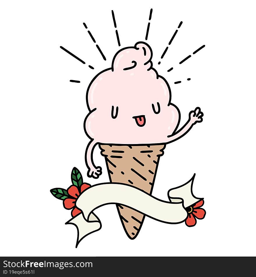 Banner With Tattoo Style Ice Cream Character Waving