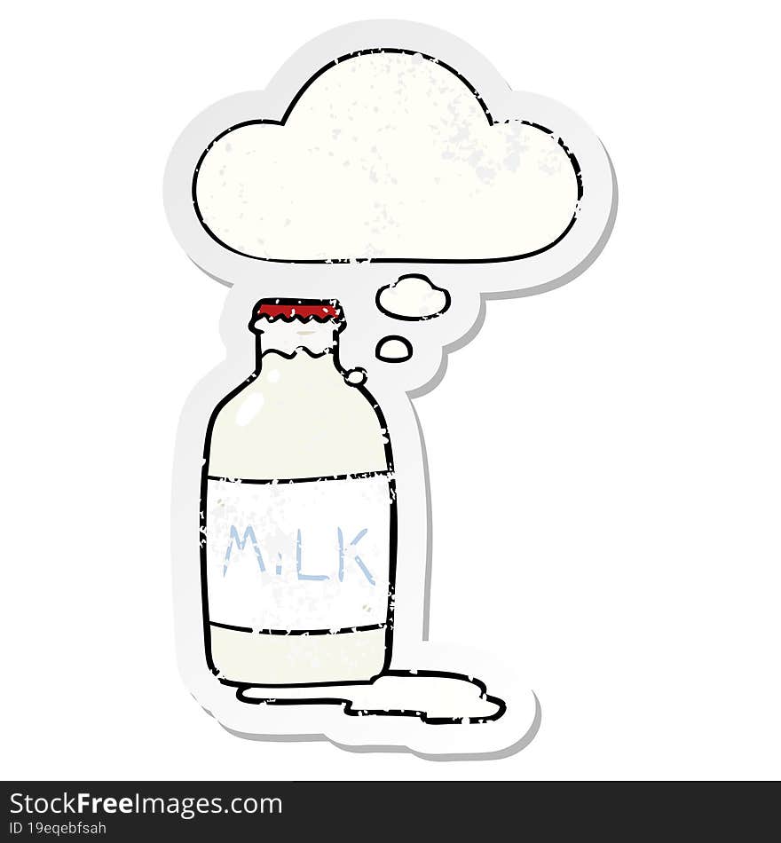 cartoon milk bottle and thought bubble as a distressed worn sticker