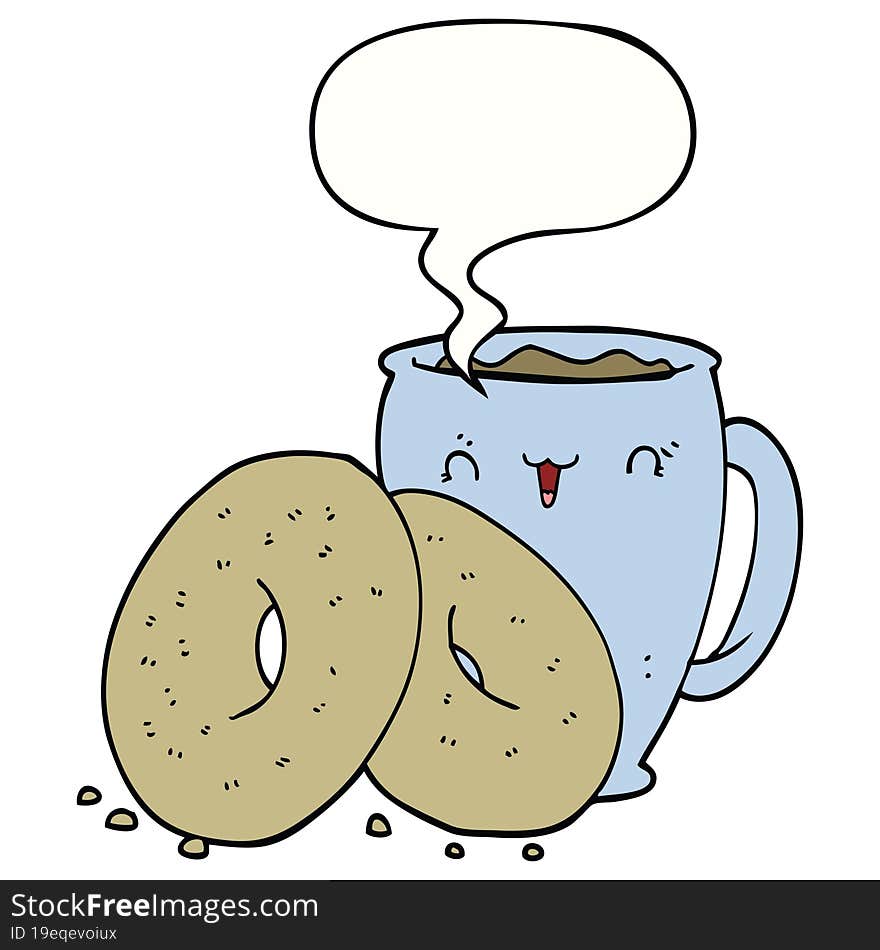 cartoon coffee and donuts with speech bubble. cartoon coffee and donuts with speech bubble