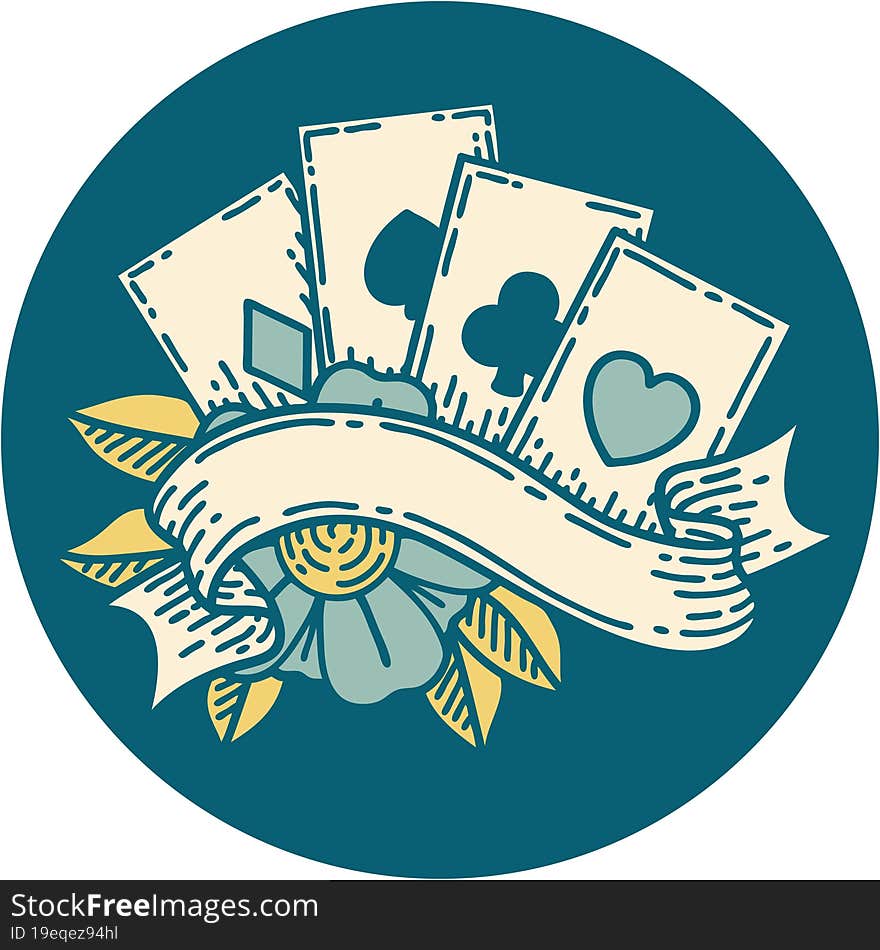 iconic tattoo style image of cards and banner. iconic tattoo style image of cards and banner