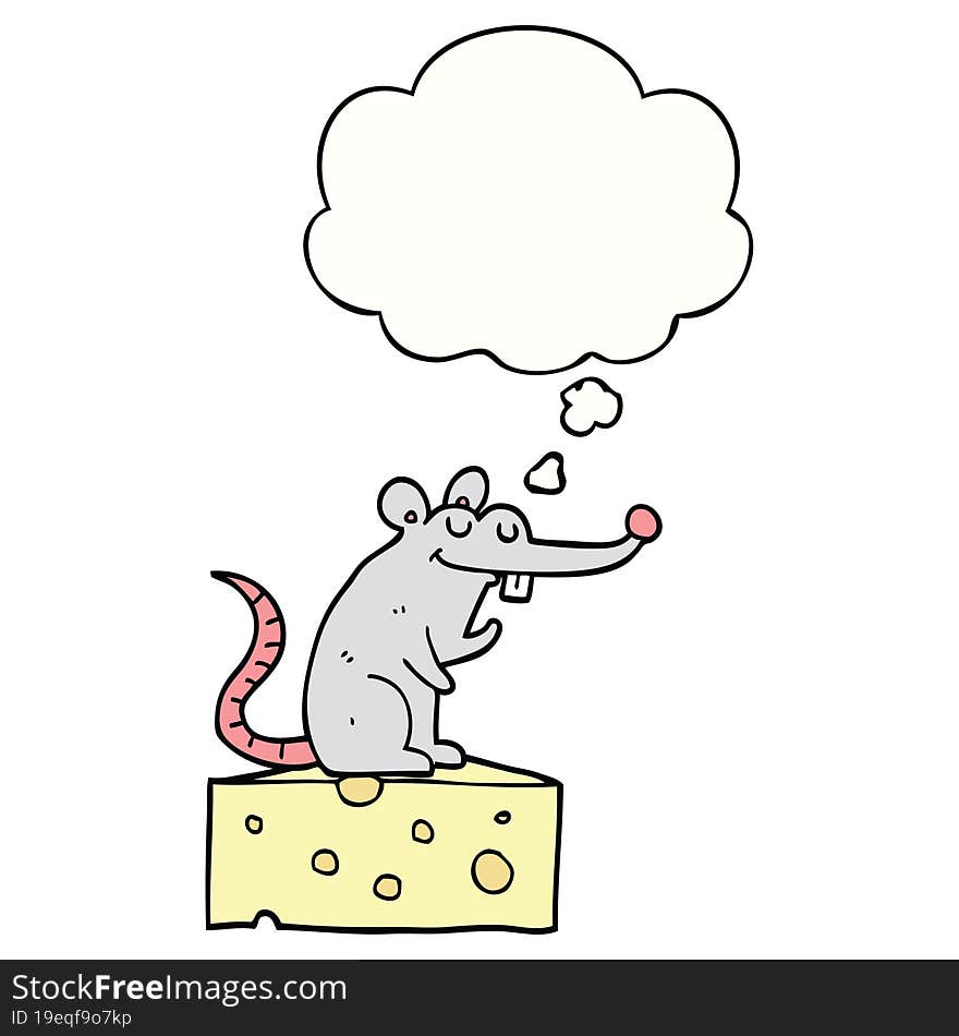 cartoon mouse sitting on cheese and thought bubble