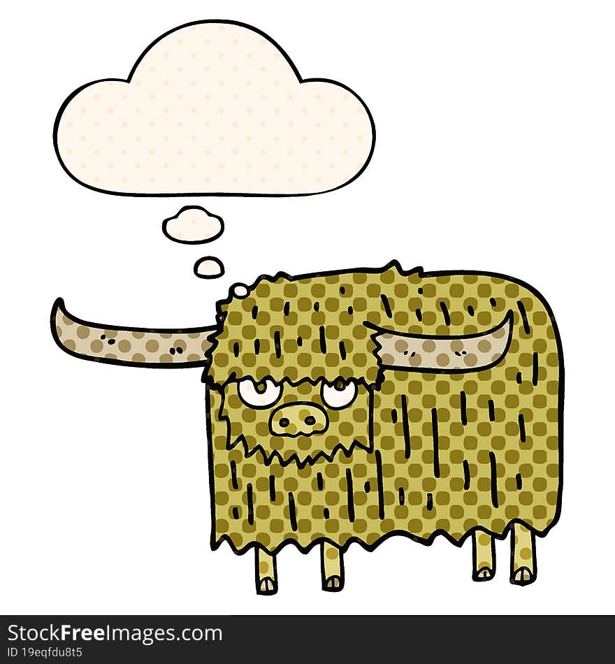 cartoon hairy cow with thought bubble in comic book style