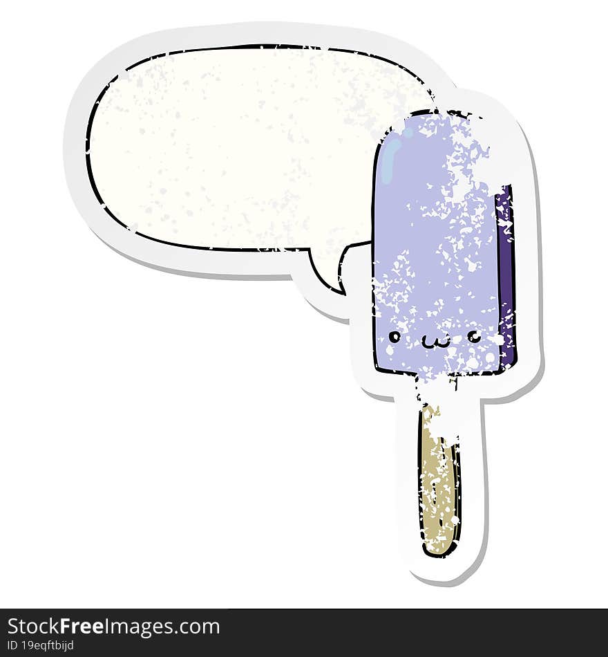 cartoon ice lolly and speech bubble distressed sticker