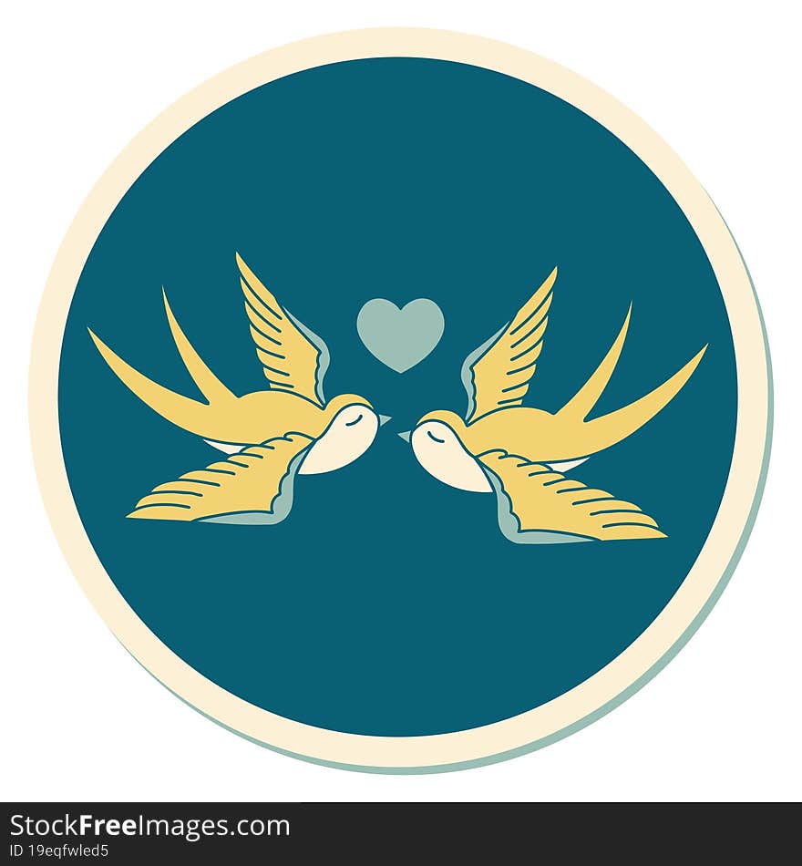 sticker of tattoo in traditional style of swallows and a heart. sticker of tattoo in traditional style of swallows and a heart