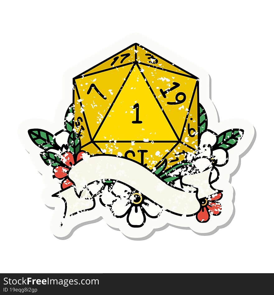 grunge sticker of a natural one d20 dice roll. grunge sticker of a natural one d20 dice roll