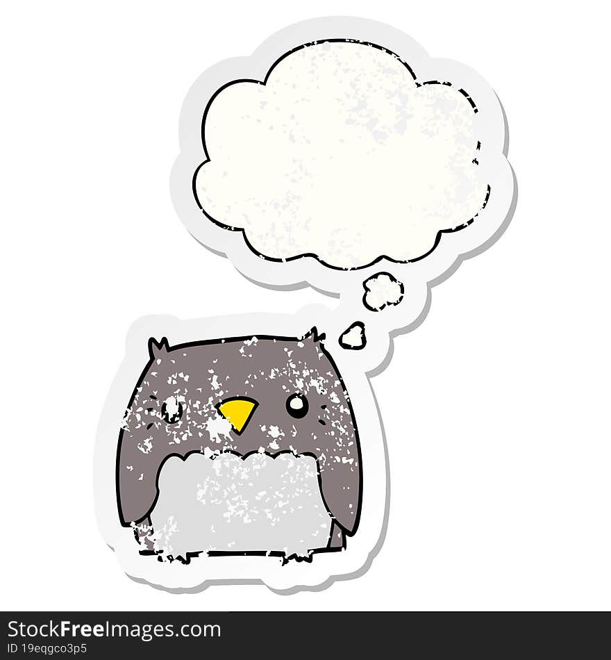 cute cartoon owl and thought bubble as a distressed worn sticker