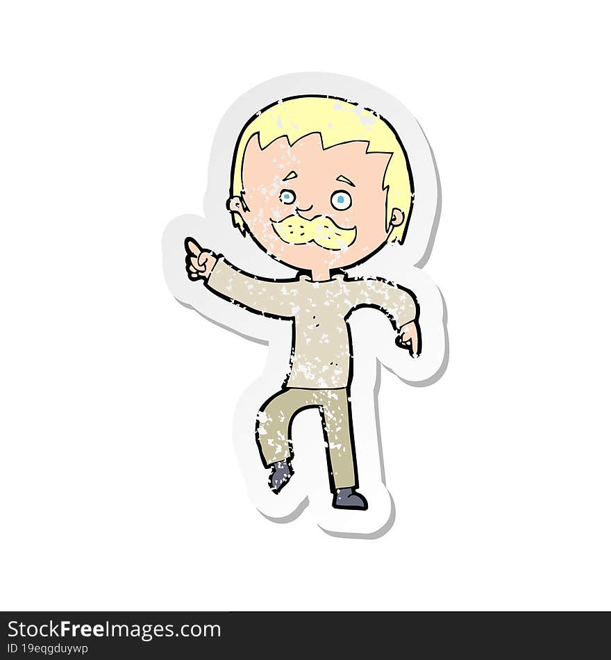 retro distressed sticker of a cartoon man with mustache pointing