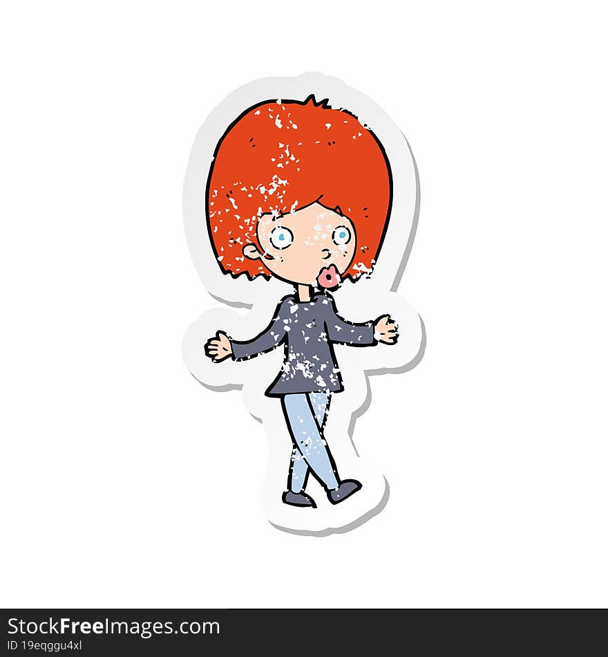 retro distressed sticker of a cartoon confused woman