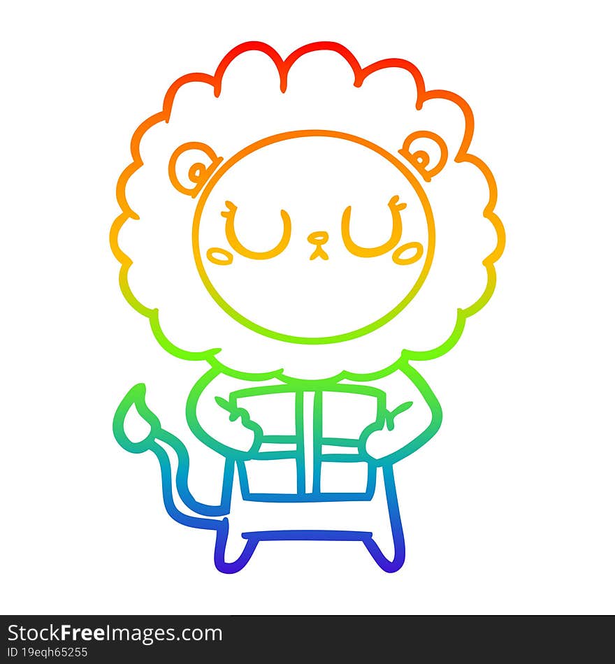 rainbow gradient line drawing cartoon lion with christmas present