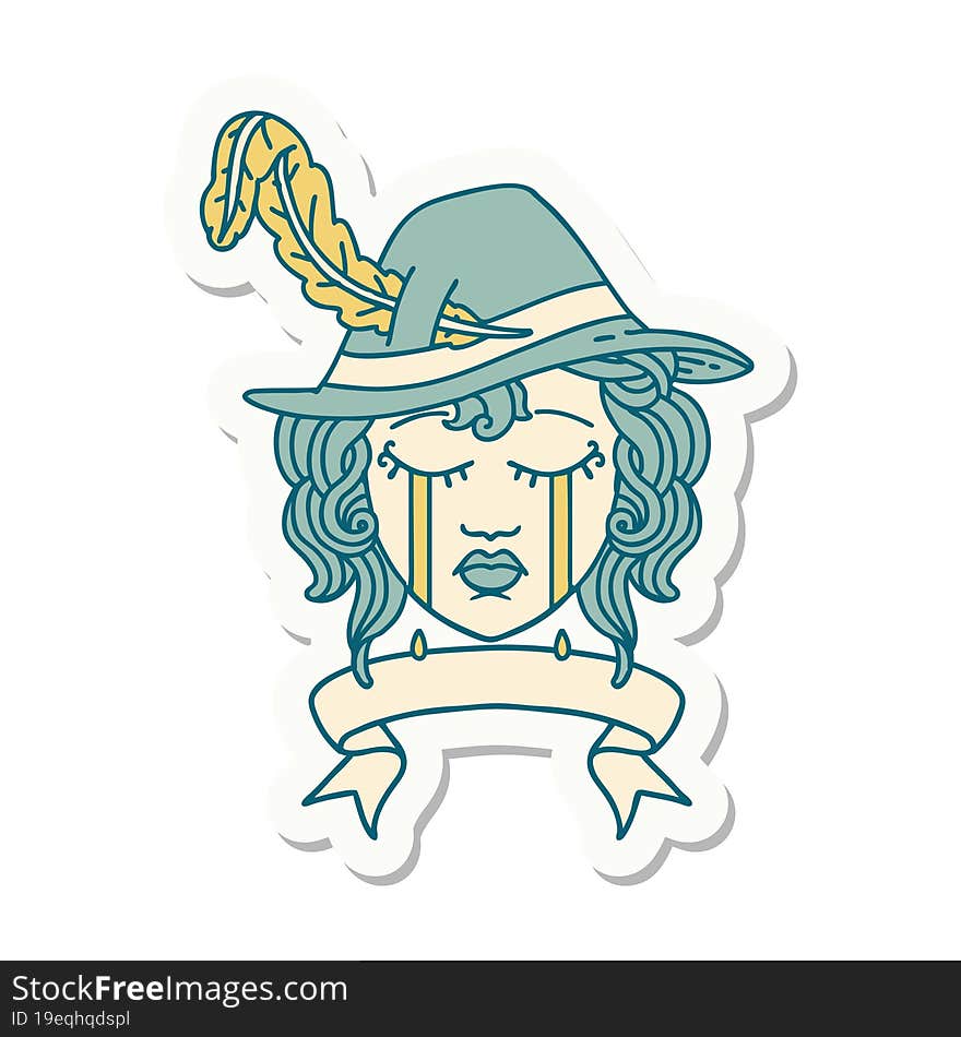 sticker of a crying human bard with banner. sticker of a crying human bard with banner