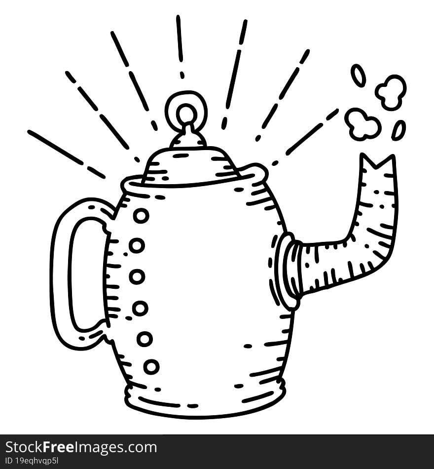 Traditional Black Line Work Tattoo Style Old Coffee Pot Steaming