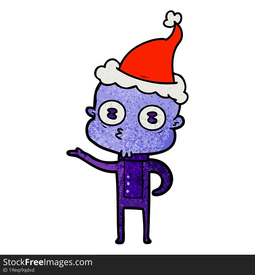 textured cartoon of a weird bald spaceman wearing santa hat