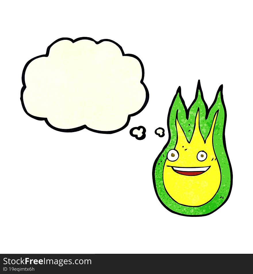 cartoon friendly fireball with thought bubble