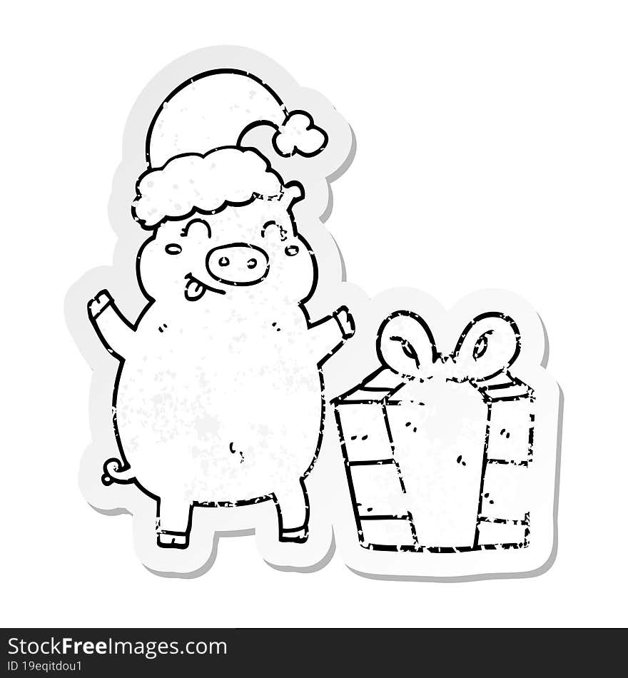 distressed sticker of a cartoon happy christmas pig