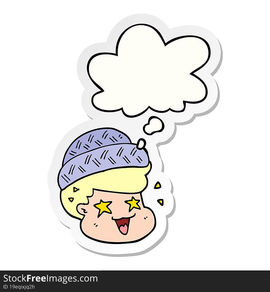 cartoon boy wearing hat and thought bubble as a printed sticker