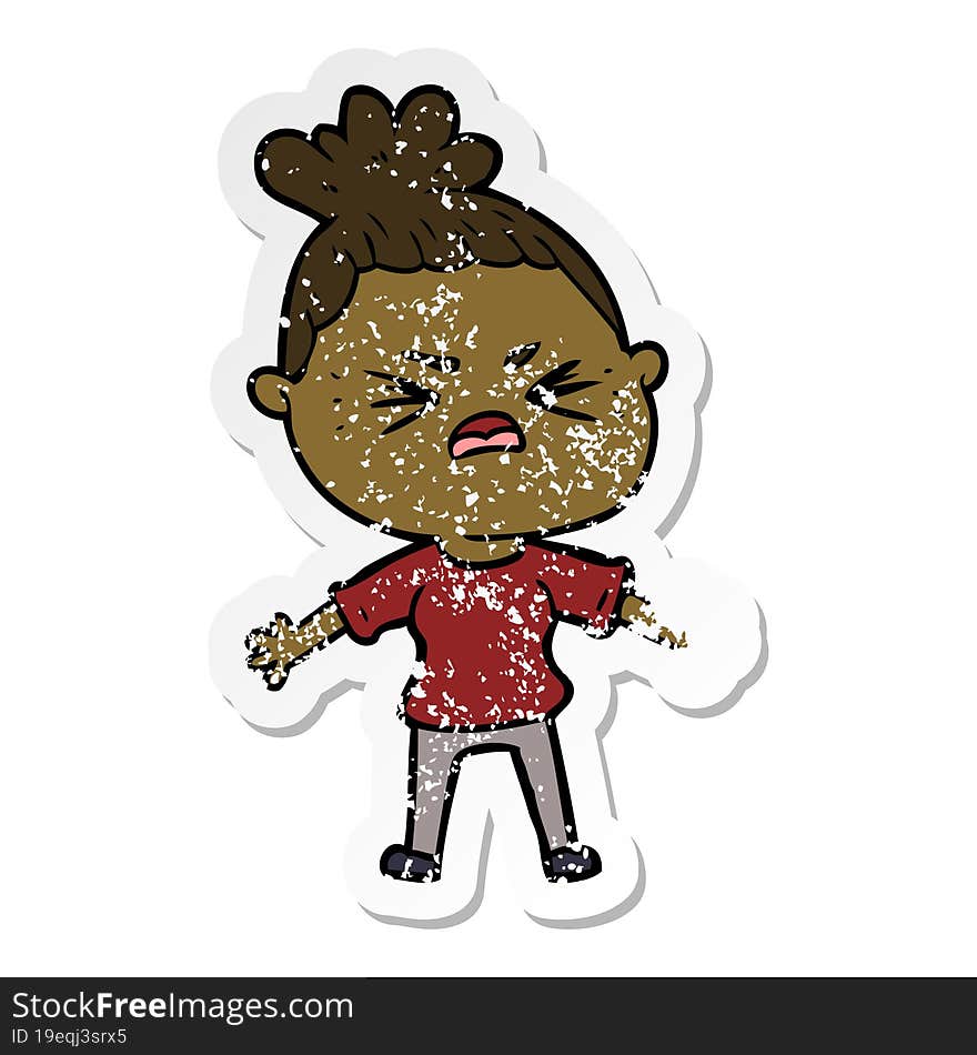 distressed sticker of a cartoon angry woman