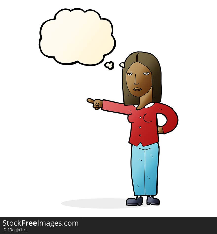 cartoon woman pointing with thought bubble