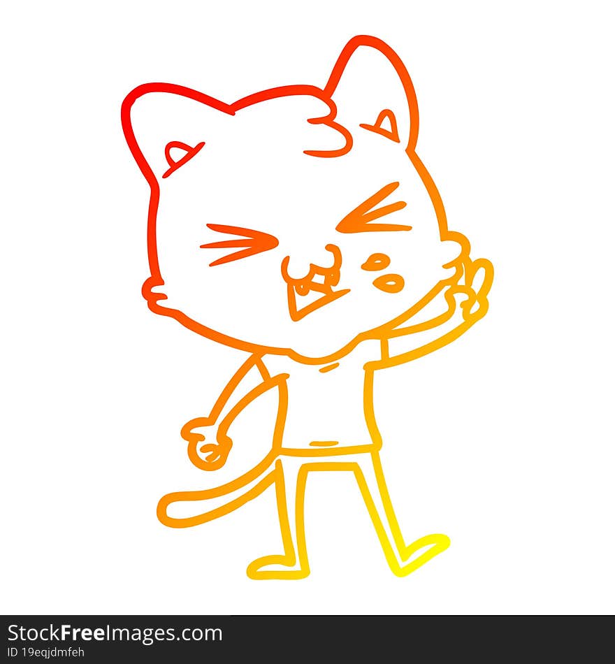 warm gradient line drawing of a cartoon cat hissing