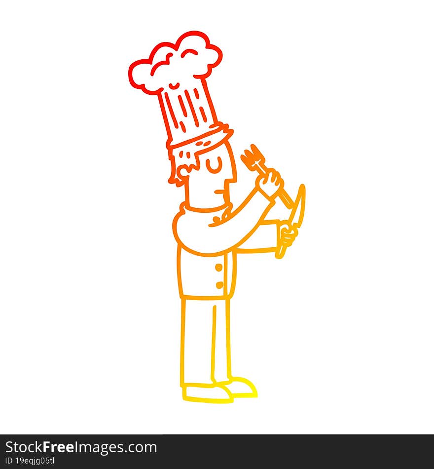 warm gradient line drawing cartoon chef with knife and fork