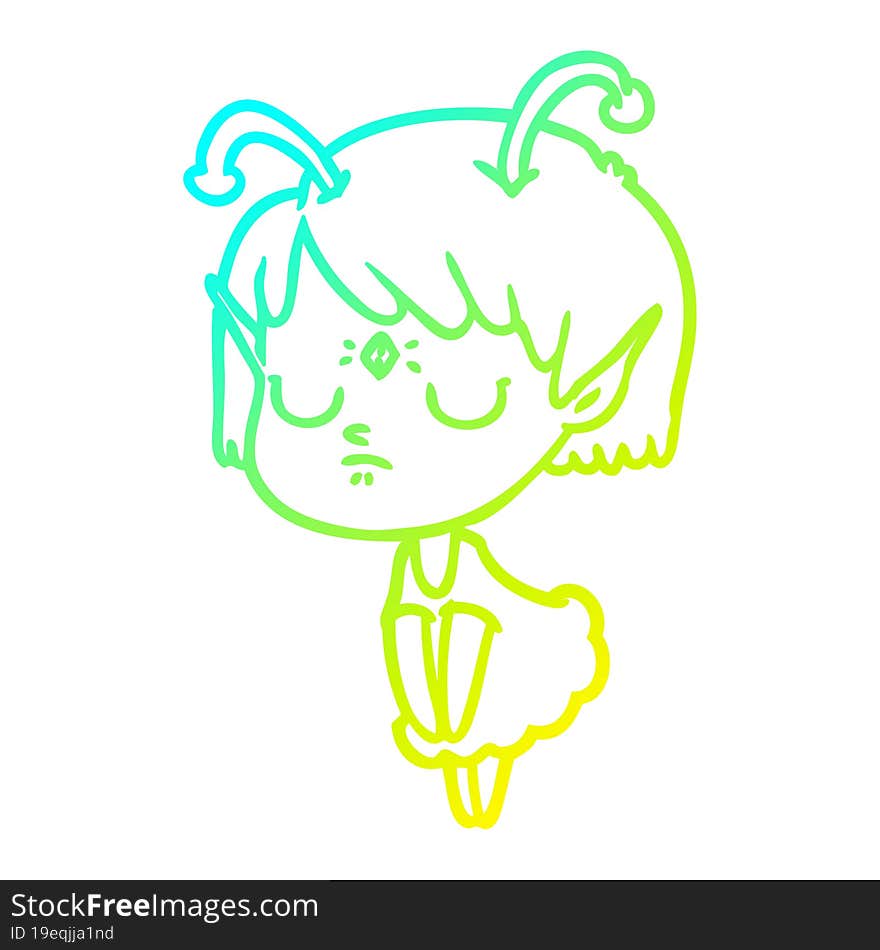 cold gradient line drawing of a cartoon alien girl