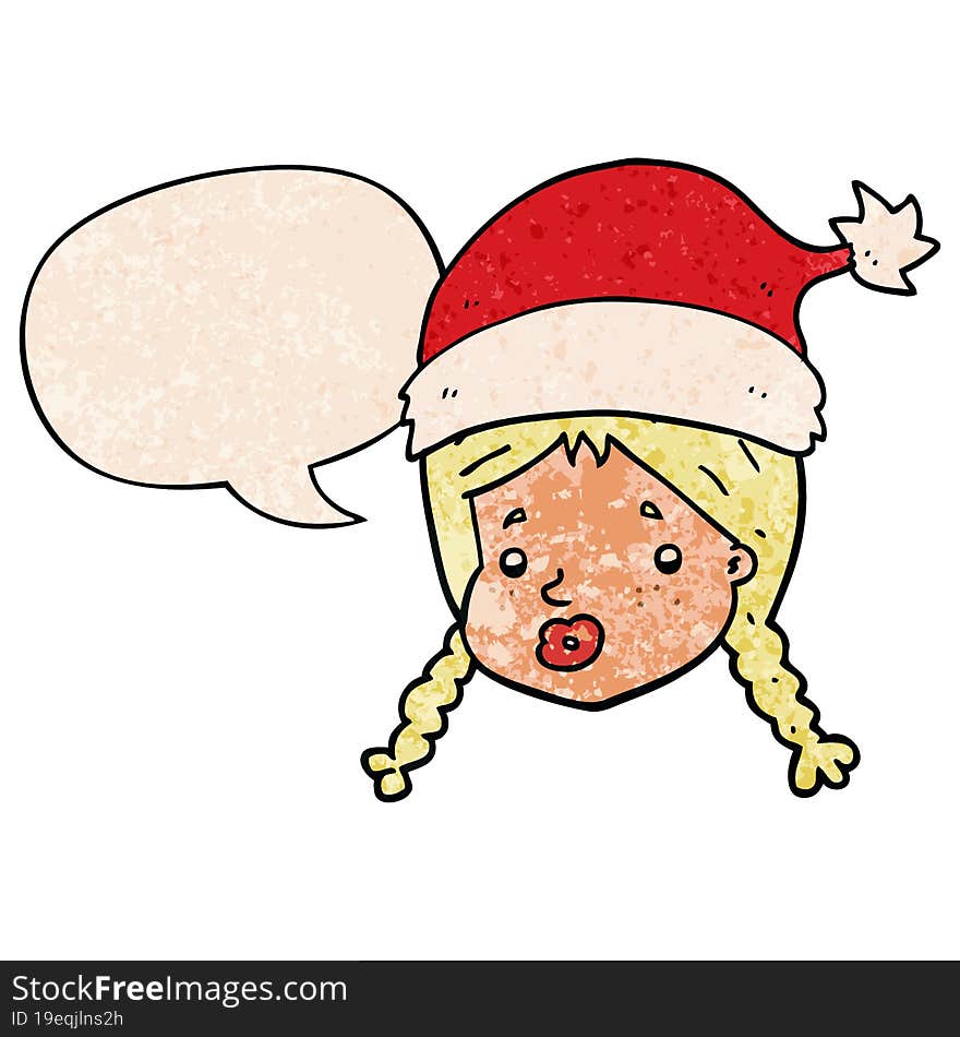 cartoon girl wearing christmas hat and speech bubble in retro texture style