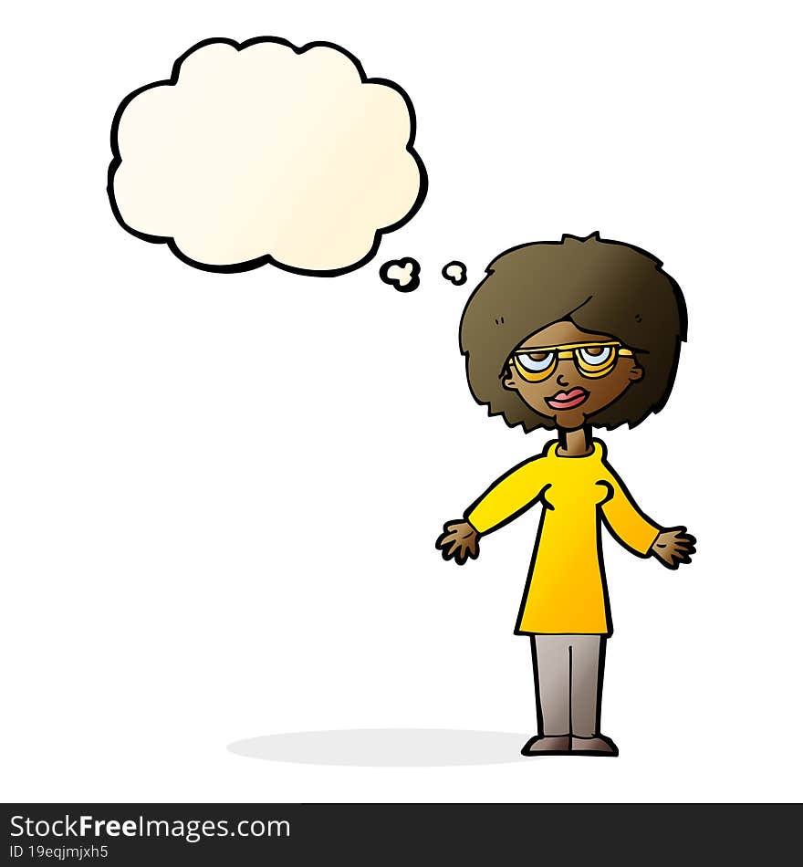 cartoon woman wearing glasses with thought bubble