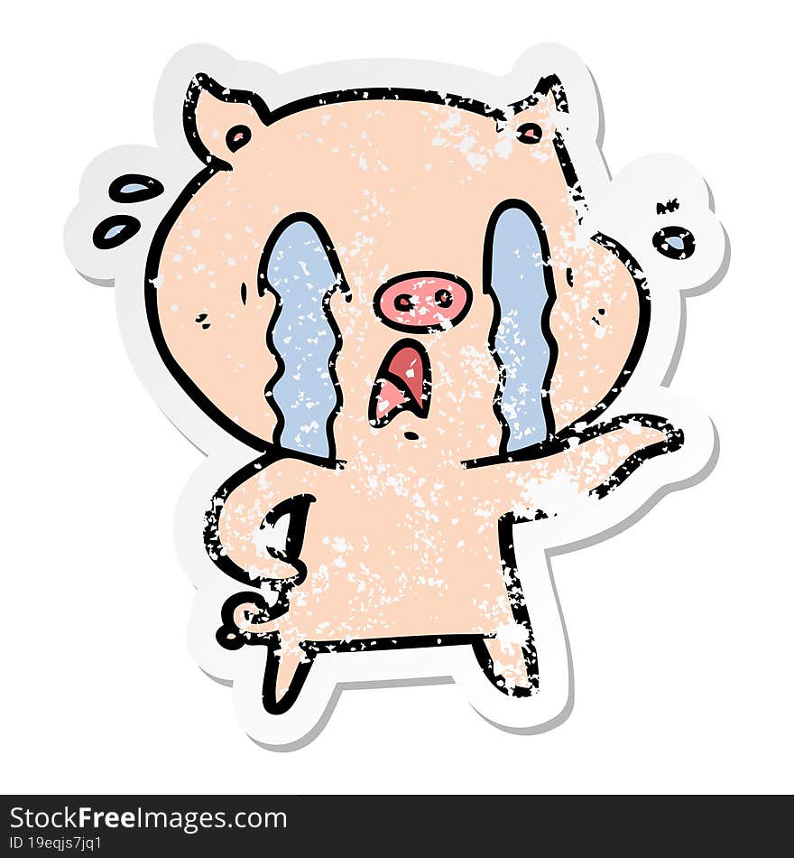 Distressed Sticker Of A Crying Pig Cartoon