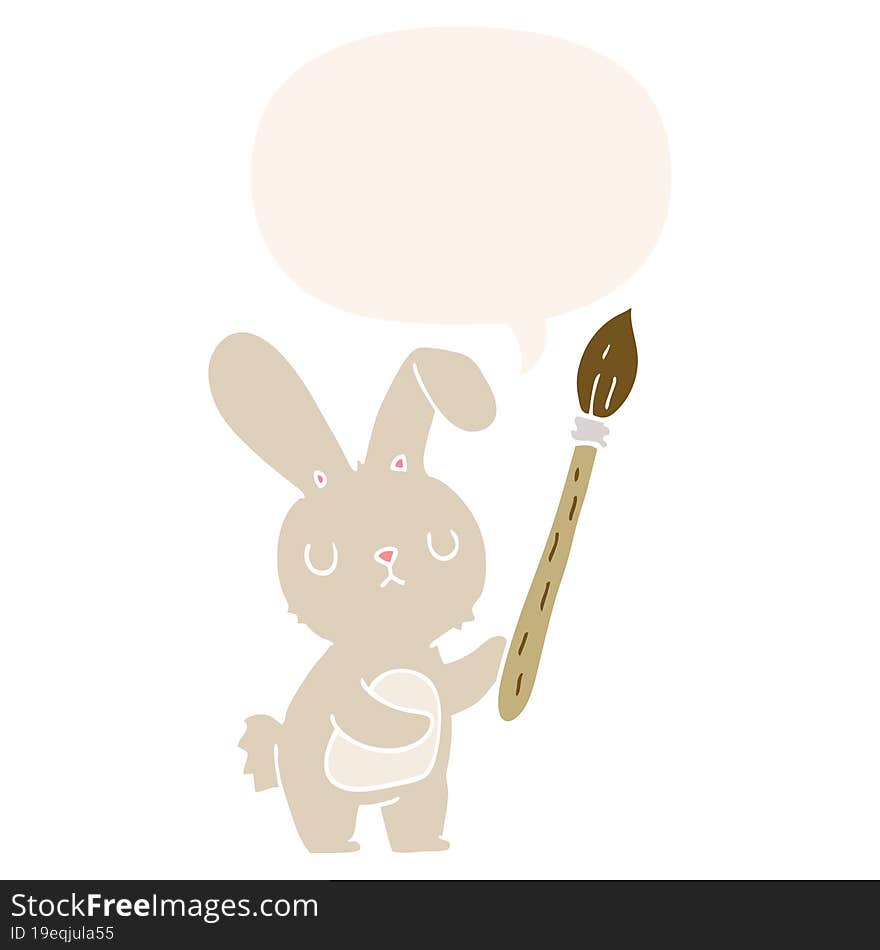 cartoon rabbit and paint brush and speech bubble in retro style