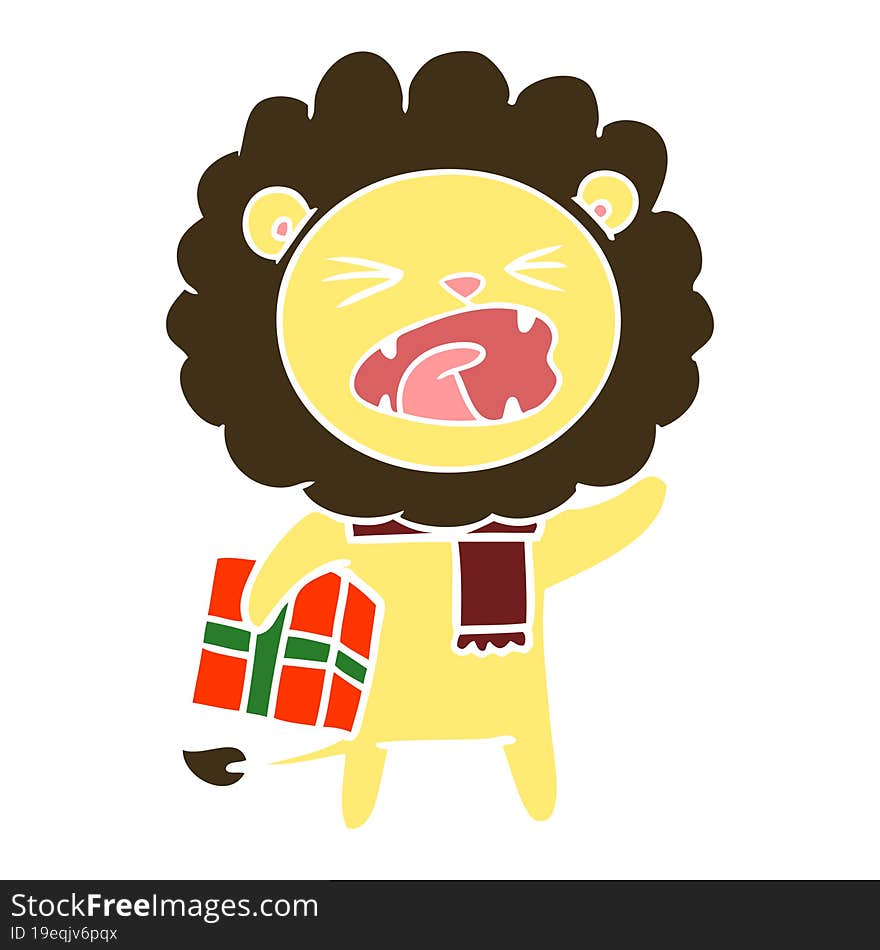 flat color style cartoon lion with christmas present