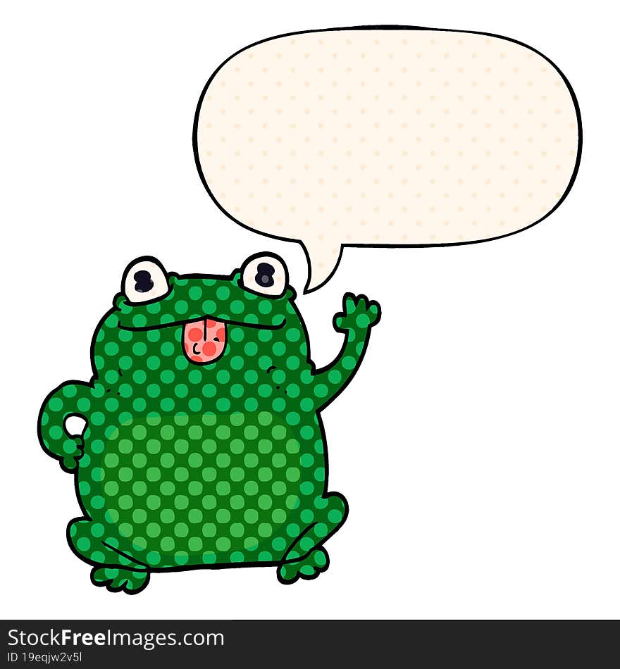 cartoon frog with speech bubble in comic book style