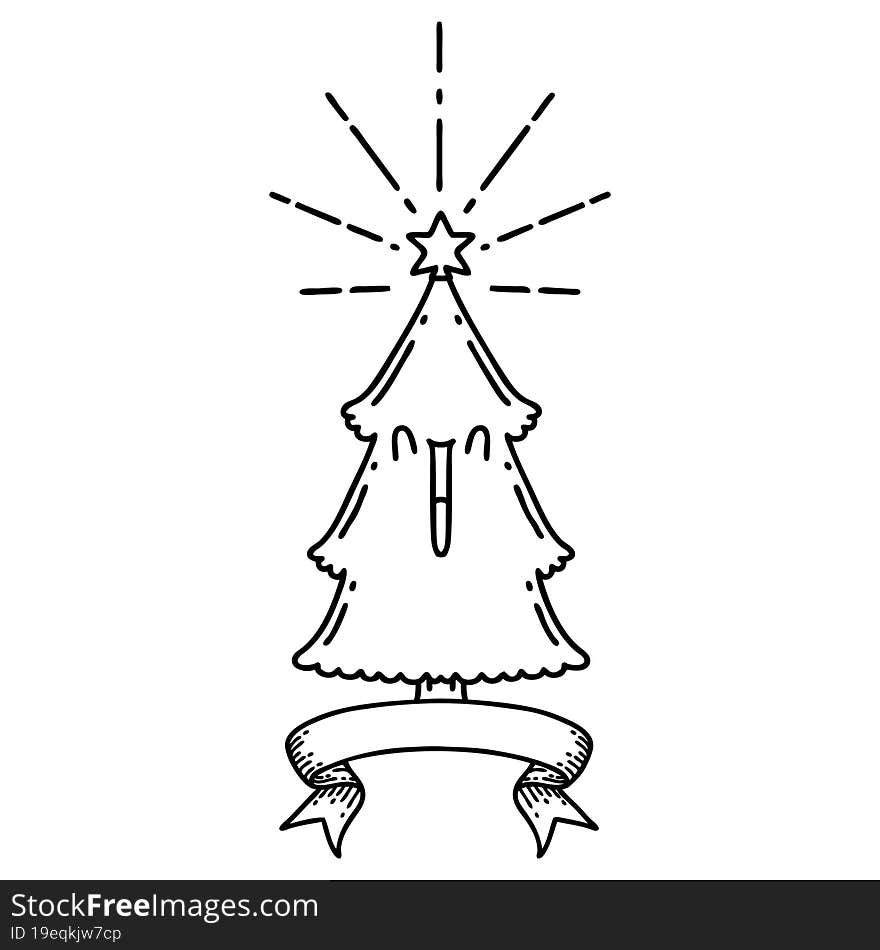 banner with black line work tattoo style christmas tree with star