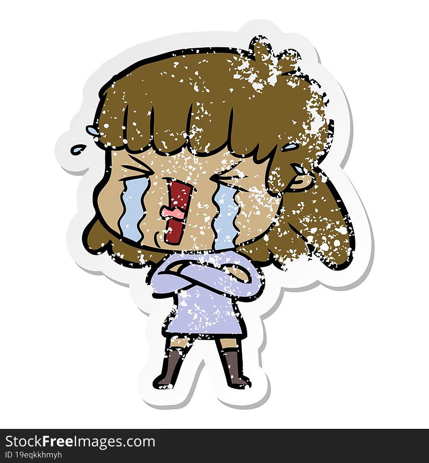 distressed sticker of a cartoon woman in tears