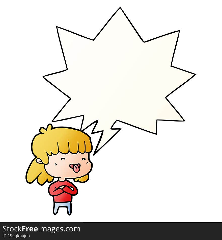 cartoon girl sticking out tongue with speech bubble in smooth gradient style