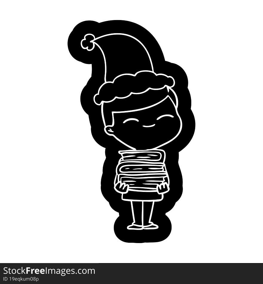 quirky cartoon icon of a smiling boy with stack of books wearing santa hat