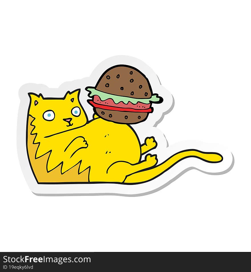 Sticker Of A Cartoon Fat Cat With Burger