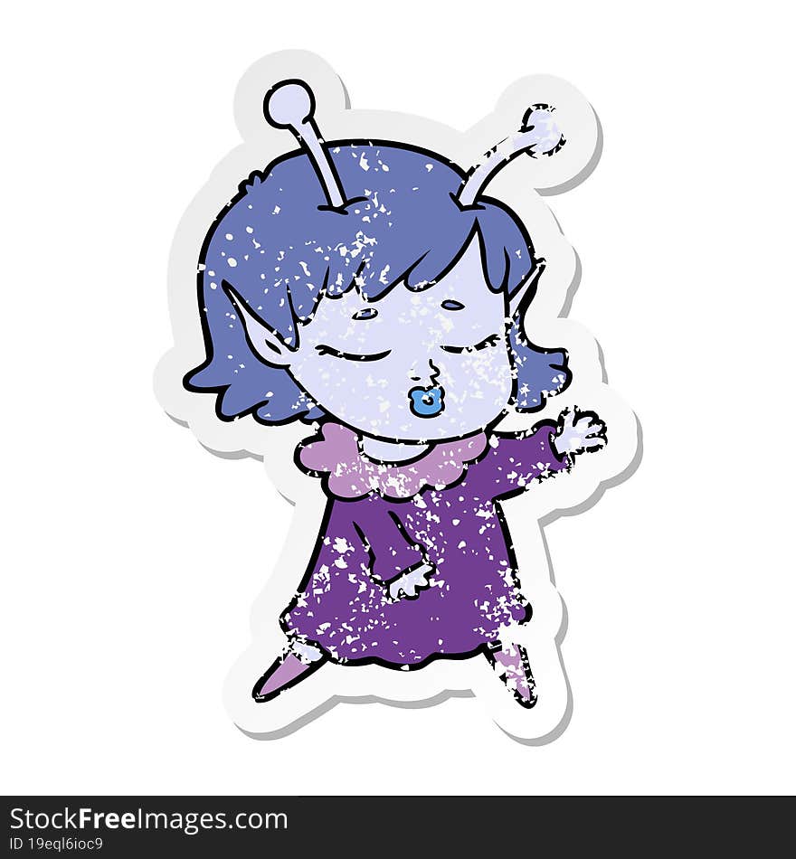 Distressed Sticker Of A Cute Alien Girl Cartoon