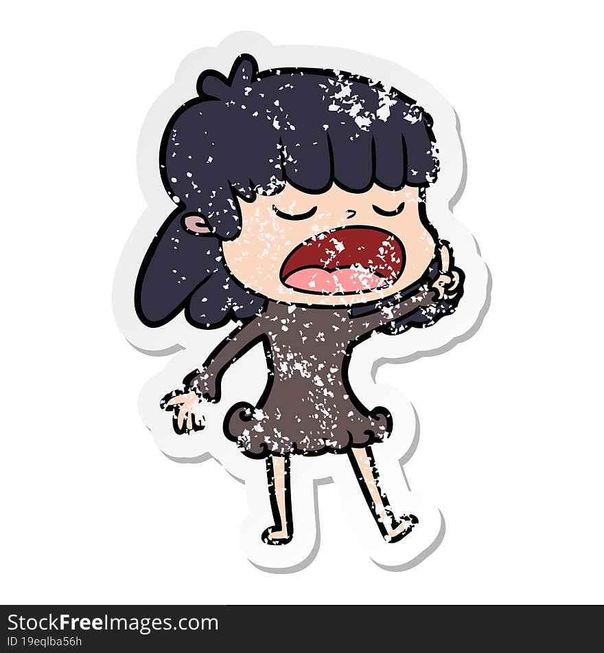 distressed sticker of a cartoon woman talking loudly