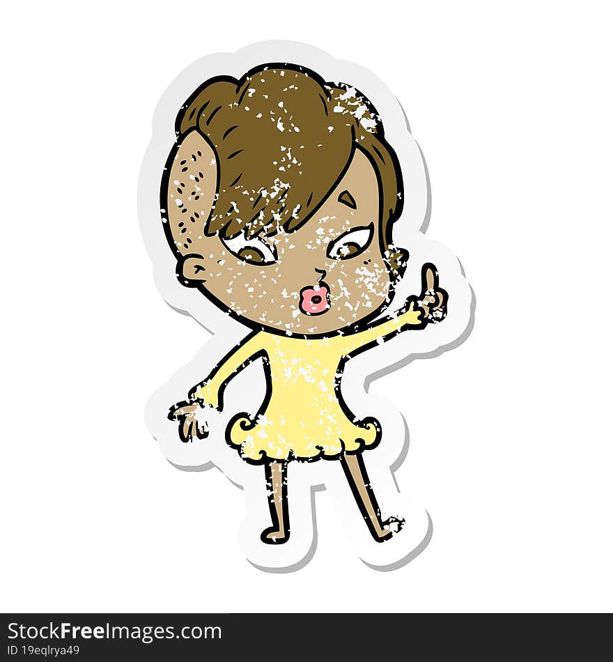 distressed sticker of a cartoon surprised girl pointing