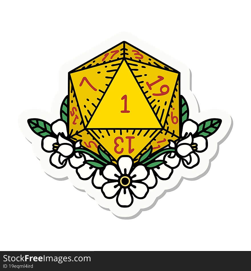 sticker of a natural one dice roll with floral elements. sticker of a natural one dice roll with floral elements