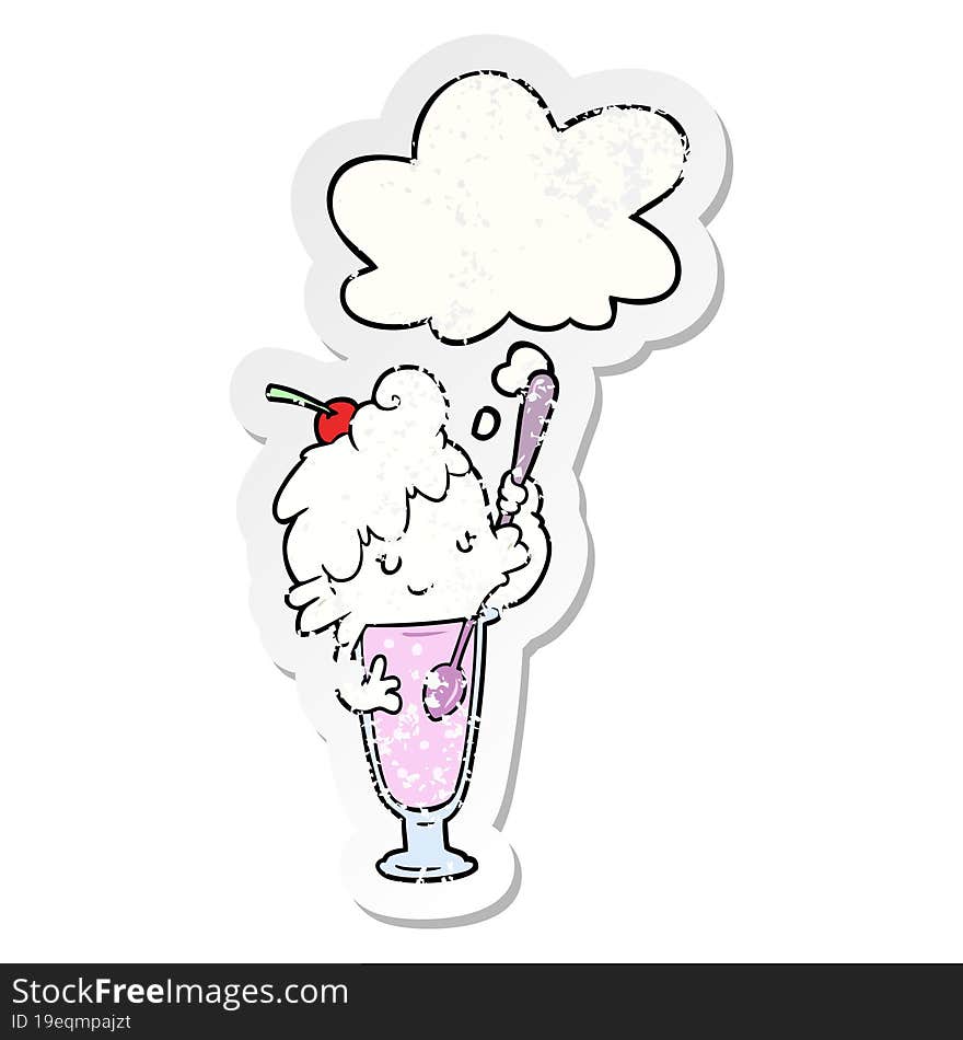 cartoon ice cream soda girl and thought bubble as a distressed worn sticker