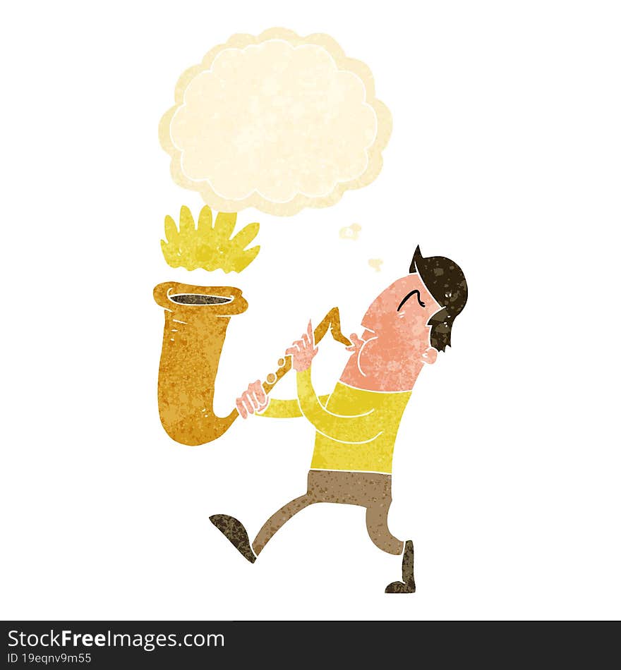 cartoon man blowing saxophone with thought bubble